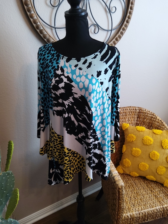 Alfani Tops - Alfani Multicolor Animal Print Tunic - Black, White, Aqua, Yellow